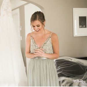 BHLDN Sequin Bodice Spaghetti Strap Gown in Sage and Champagne